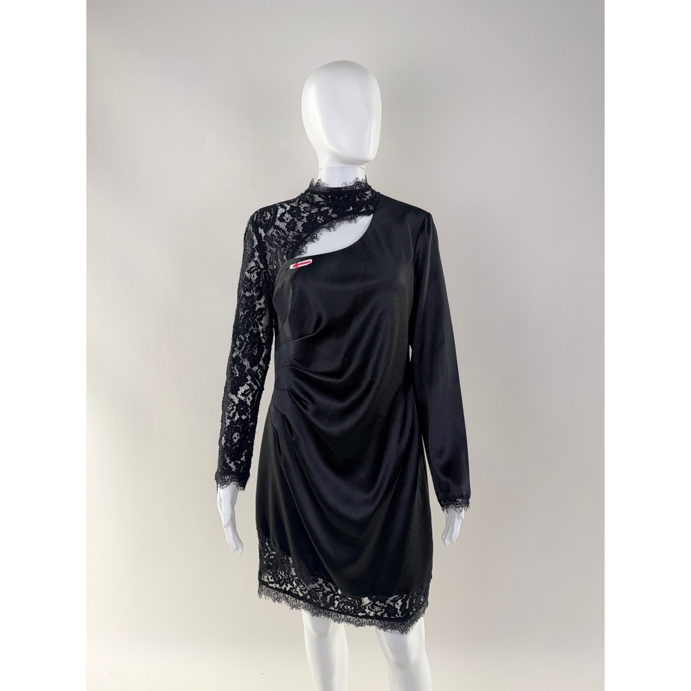 Aidan Mattox Black Lace Detail One Shoulder Ruched Cocktail Dress Size 12 - Picture 8 of 10